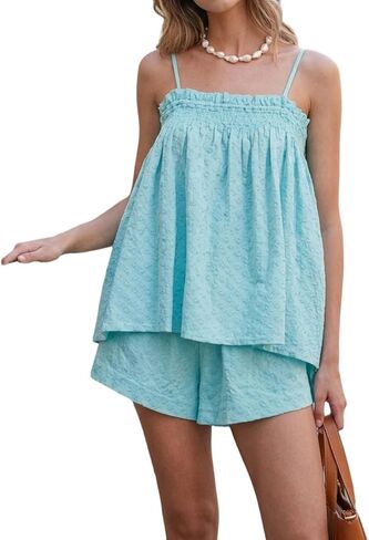 Foidiccx Womens Two Piece Outfits Set Ginham Textured Tank Top Shorts Matching Sets in Kuwait