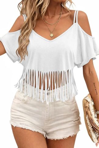 LilyCoco V Neck Cold Shoulder Tops for Women Western Cowgirl Fringe Crop T Shirts in Saudi Arabia