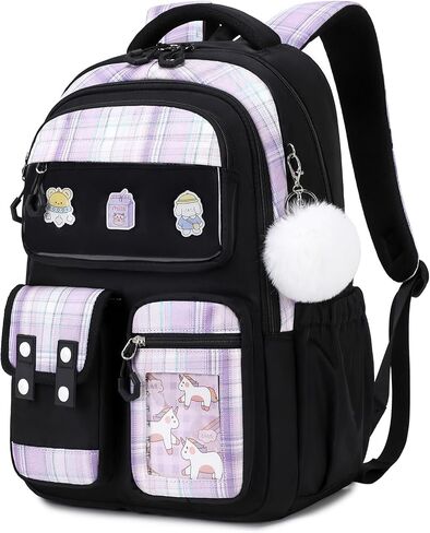 Kids Backpack for Girls, Bookbag for Elementary Students Kawaii Ita School Bag with Pins for Teens Lightweight Water Resistant Travel Backpack with Luggage Strap, Purple in Saudi Arabia