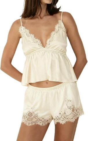 XBTCLXEBCO Women's Satin Lace Pajama Set V Neck Babydoll Cami Top and Mini Shorts 2 Piece Sleepwear Sexy Lounge Silk Pj Sets in Saudi Arabia