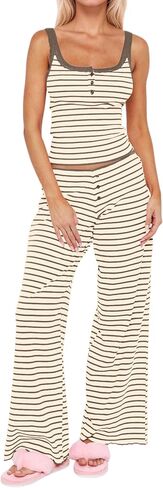 MISSACTIVER Women’s Striped 2 Piece Lounge Set Henley Tank Tops Camisole Wide Leg Pants Matching Pajama Set Summer Outfit in Kuwait