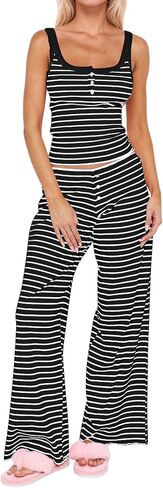 MISSACTIVER Women’s Striped 2 Piece Lounge Set Henley Tank Tops Camisole Wide Leg Pants Matching Pajama Set Summer Outfit in Kuwait