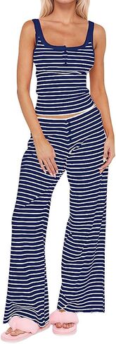 MISSACTIVER Women’s Striped 2 Piece Lounge Set Henley Tank Tops Camisole Wide Leg Pants Matching Pajama Set Summer Outfit in Kuwait