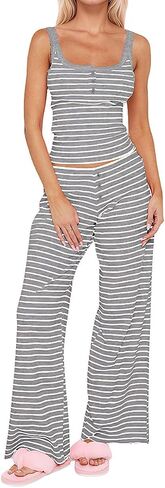 MISSACTIVER Women’s Striped 2 Piece Lounge Set Henley Tank Tops Camisole Wide Leg Pants Matching Pajama Set Summer Outfit in Kuwait