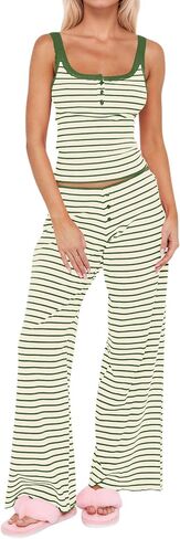 MISSACTIVER Women’s Striped 2 Piece Lounge Set Henley Tank Tops Camisole Wide Leg Pants Matching Pajama Set Summer Outfit in Kuwait
