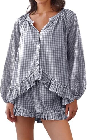 ROAONOCOMO Women Ruffle Pajama Set Long Puff Sleeve Babydoll Shirt Lace Trim Coquette Shorts Set Gingham 2 Piece Pj Outfit in Kuwait