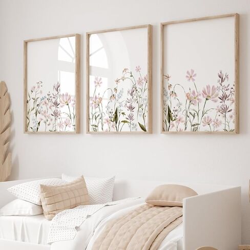 Flowers and Nursery Quote Canvas Painting 3 Pieces In a Field of Roses She is a Wildflower Poster Prints Wall Pictures Home Girl Nursery Baby Room Decoration with Wooden Inner Frame in Saudi Arabia