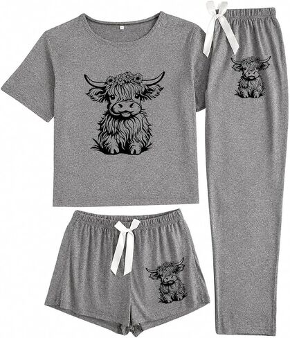 Womens Cow Print Pajama Set 3 Piece Lounge Sleepwear Soft Short Sleeve Tee Shorts Pants Matching PJ Set in Kuwait