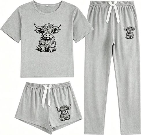 Womens Cow Print Pajama Set 3 Piece Lounge Sleepwear Soft Short Sleeve Tee Shorts Pants Matching PJ Set in Kuwait