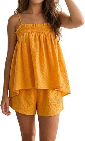 Foidiccx Womens Two Piece Outfits Set Ginham Textured Tank Top Shorts Matching Sets in Kuwait