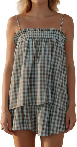 Foidiccx Womens Two Piece Outfits Set Ginham Textured Tank Top Shorts Matching Sets in Kuwait