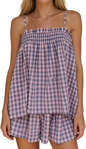 Foidiccx Womens Two Piece Outfits Set Ginham Textured Tank Top Shorts Matching Sets in Kuwait