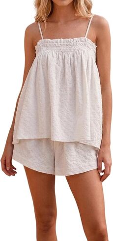 Foidiccx Womens Two Piece Outfits Set Ginham Textured Tank Top Shorts Matching Sets in Kuwait