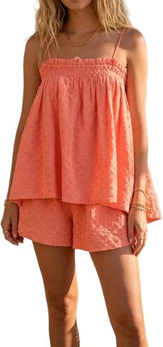 Foidiccx Womens Two Piece Outfits Set Ginham Textured Tank Top Shorts Matching Sets in Kuwait