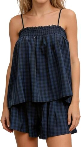 Foidiccx Womens Two Piece Outfits Set Ginham Textured Tank Top Shorts Matching Sets in Kuwait