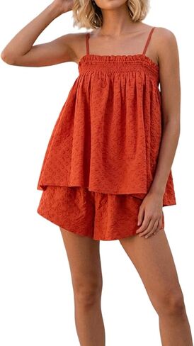 Foidiccx Womens Two Piece Outfits Set Ginham Textured Tank Top Shorts Matching Sets in Kuwait