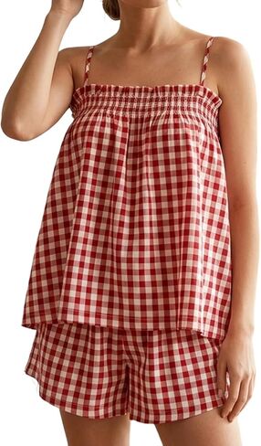 Foidiccx Womens Two Piece Outfits Set Ginham Textured Tank Top Shorts Matching Sets in Kuwait