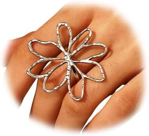 Large Chunky Gold Hollow Flower Rings for Women Simple Statement Stainless Silver Big Floral Knuckles Ring Holiday Prom Jewelry Gift Costume Accessory in Saudi Arabia