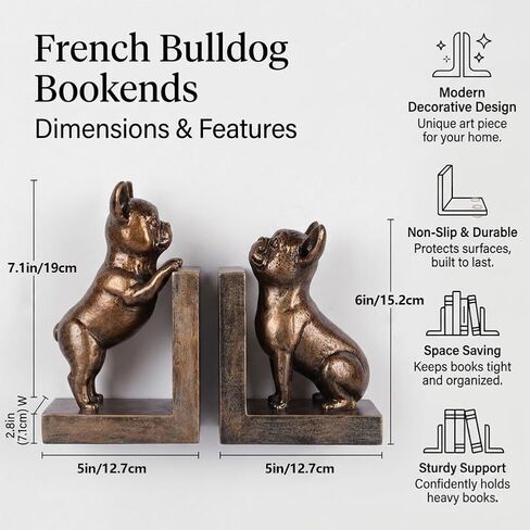 Bookends for Shelves, Bookends for Heavy Books, Decorative Bookends with Bulldog Dog Statues, Set of 2 Antique Bronze Book Ends for Bookshelf, Home Office, Living Room, Study Desk Decor in Kuwait
