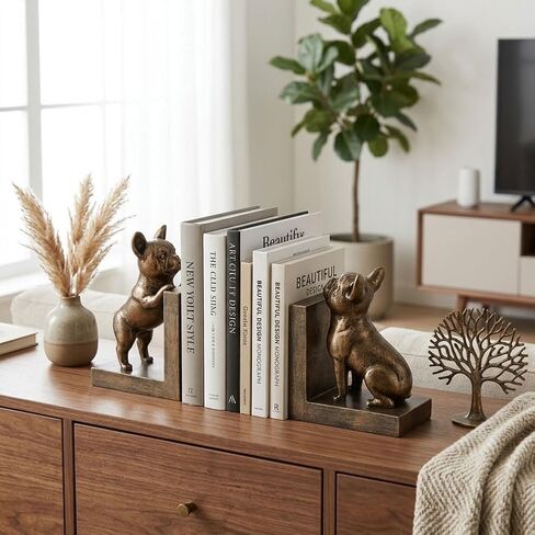 Bookends for Shelves, Bookends for Heavy Books, Decorative Bookends with Bulldog Dog Statues, Set of 2 Antique Bronze Book Ends for Bookshelf, Home Office, Living Room, Study Desk Decor in Kuwait