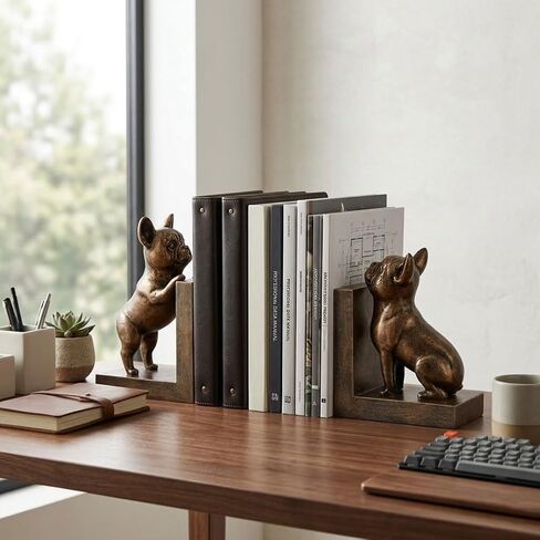 Bookends for Shelves, Bookends for Heavy Books, Decorative Bookends with Bulldog Dog Statues, Set of 2 Antique Bronze Book Ends for Bookshelf, Home Office, Living Room, Study Desk Decor in Kuwait
