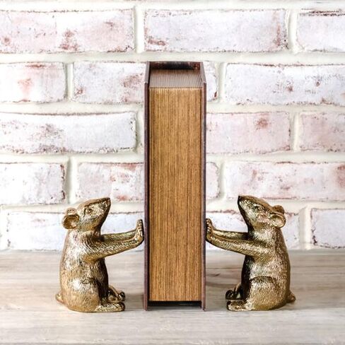 Gold Mouse Bookends - Set of 2 Whimsical Animal Figurines - Decorative Desk and Shelf Organizers - Charming Sculptures for Home & Office Decor in Saudi Arabia