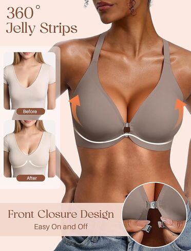 Jelly Bras for Women Front Closure No Underwire Seamless Bralettes Wireless Push Up Soft V Neck Full Coverage Comfortable Sports Everyday Womens Bra Grey XL in Saudi Arabia