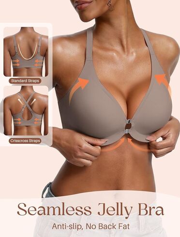 Jelly Bras for Women Front Closure No Underwire Seamless Bralettes Wireless Push Up Soft V Neck Full Coverage Comfortable Sports Everyday Womens Bra Grey XL in Saudi Arabia