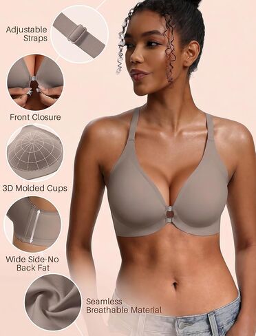 Jelly Bras for Women Front Closure No Underwire Seamless Bralettes Wireless Push Up Soft V Neck Full Coverage Comfortable Sports Everyday Womens Bra Grey XL in Saudi Arabia