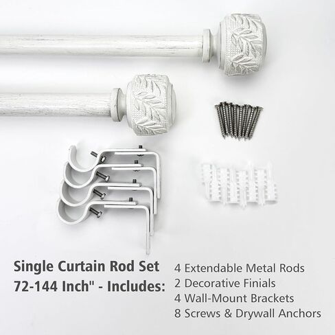 Boho Wooden Curtain Rods for Windows 68-140 Inches, 1 Inch Adjustable Long 72-144 Inch White Decorative Curtain Rods with Leaf Finials, Heavy Duty Telescoping Window Treatment Rod for Living Room in Saudi Arabia