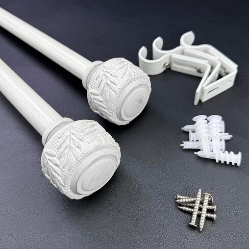 Boho Wooden Curtain Rods for Windows 68-140 Inches, 1 Inch Adjustable Long 72-144 Inch White Decorative Curtain Rods with Leaf Finials, Heavy Duty Telescoping Window Treatment Rod for Living Room in Saudi Arabia