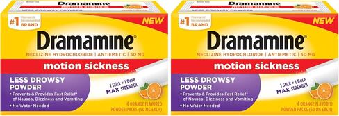 Dramamine Less Drowsy Powder, Max Strength Motion Sickness Relief with Meclizine, Orange Flavor, 4 Count Stick Packs, No Water Needed in Saudi Arabia