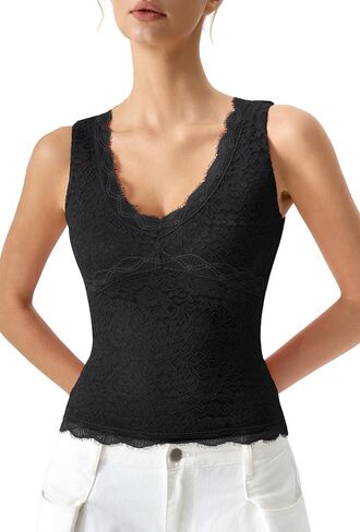 QINSEN Women's V Neck Sleeveless Lace Tank Top Slim Fit Floral Camisole Casual Crop Vest Basic Layering Top in Kuwait