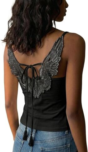 Women's Angel Wings Embroidery Y2K Tank Tops Sexy Ribbed Knit Backless Camisole Tie Summer Vest with Built-in Bra in Saudi Arabia