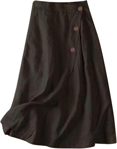 Women's Summer Linen Button Front Elastic High Waist Swing A Line Midi Skirts in Kuwait