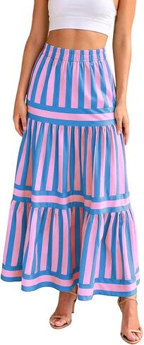 ebossy Women's Summer Striped Tiered Skirts Elastic Waist Maxi Long Beach Skirts with Pockets in Kuwait
