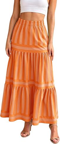 ebossy Women's Summer Striped Tiered Skirts Elastic Waist Maxi Long Beach Skirts with Pockets in Kuwait
