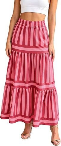 ebossy Women's Summer Striped Tiered Skirts Elastic Waist Maxi Long Beach Skirts with Pockets in Kuwait