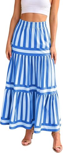 ebossy Women's Summer Striped Tiered Skirts Elastic Waist Maxi Long Beach Skirts with Pockets in Kuwait
