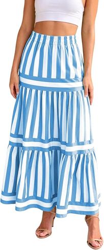 ebossy Women's Summer Striped Tiered Skirts Elastic Waist Maxi Long Beach Skirts with Pockets in Kuwait