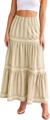 ebossy Women's Summer Striped Tiered Skirts Elastic Waist Maxi Long Beach Skirts with Pockets in Kuwait