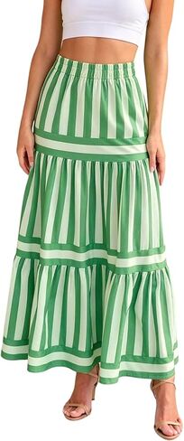 ebossy Women's Summer Striped Tiered Skirts Elastic Waist Maxi Long Beach Skirts with Pockets in Kuwait
