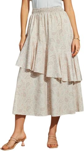 Women's Pleated Long Skirt Ruffled A-Line Empire Waist Printed Skirts with Pockets in Saudi Arabia