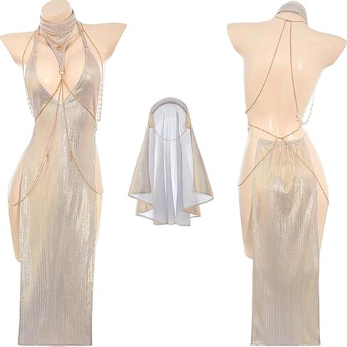 Sexy Nun Cosplay Lingerie Set for Women, Champagne High Slit Anime Role Play Fancy Dress with Veil, Dress, Necklace with Pendant, Waist/Hip Chain, Thong Panties for Halloween Valentines Day Clubwear in Saudi Arabia