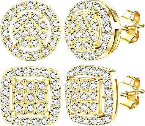 NEWITIN 2 Pairs Gold Stud Earrings for Men Hypoallergenic Earring 14K Gold Plated Stainless Steel Inlaid Cubic Zirconia Studs Earring Diamond Halo Stud Earrings for Women Men in Kuwait