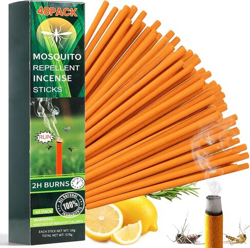48 Pack Mosquito Incense Sticks for Outdoor Patio Backyard Indoors Camping Travel Yoga, DEET Free Mosquito Repellent Sticks Safe for Kids Pets, Long-Lasting 2-Hour Burn Time, Orange in Saudi Arabia