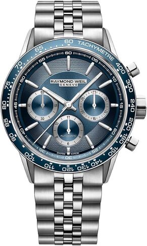 Raymond Weil Freelancer Men's Automatic Chronograph Watch, Blue Dial, Stainless Steel Bracelet, Blue Ceramic Bezel, 43.5 mm (Model: 7741-ST3-50021) in Saudi Arabia