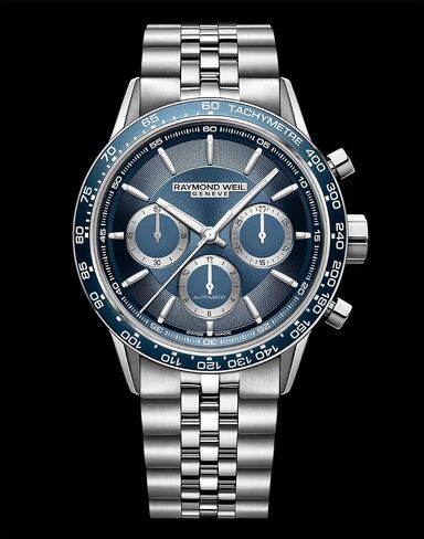 Raymond Weil Freelancer Men's Automatic Chronograph Watch, Blue Dial, Stainless Steel Bracelet, Blue Ceramic Bezel, 43.5 mm (Model: 7741-ST3-50021) in Saudi Arabia