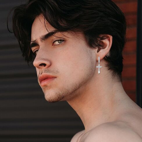 Cross Earrings 925 Sterling Silver Mismatch Cross Hoop Dangle Earrings 5A CZ Stud Earrings for Men Women in Kuwait