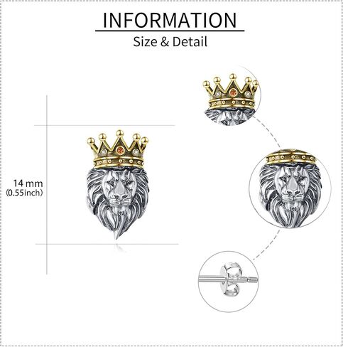 Lion Stud Earrings 925 Sterling Silver Crown Lion Head Earrings Jewelry For Men Women Unisex Gifts in Kuwait